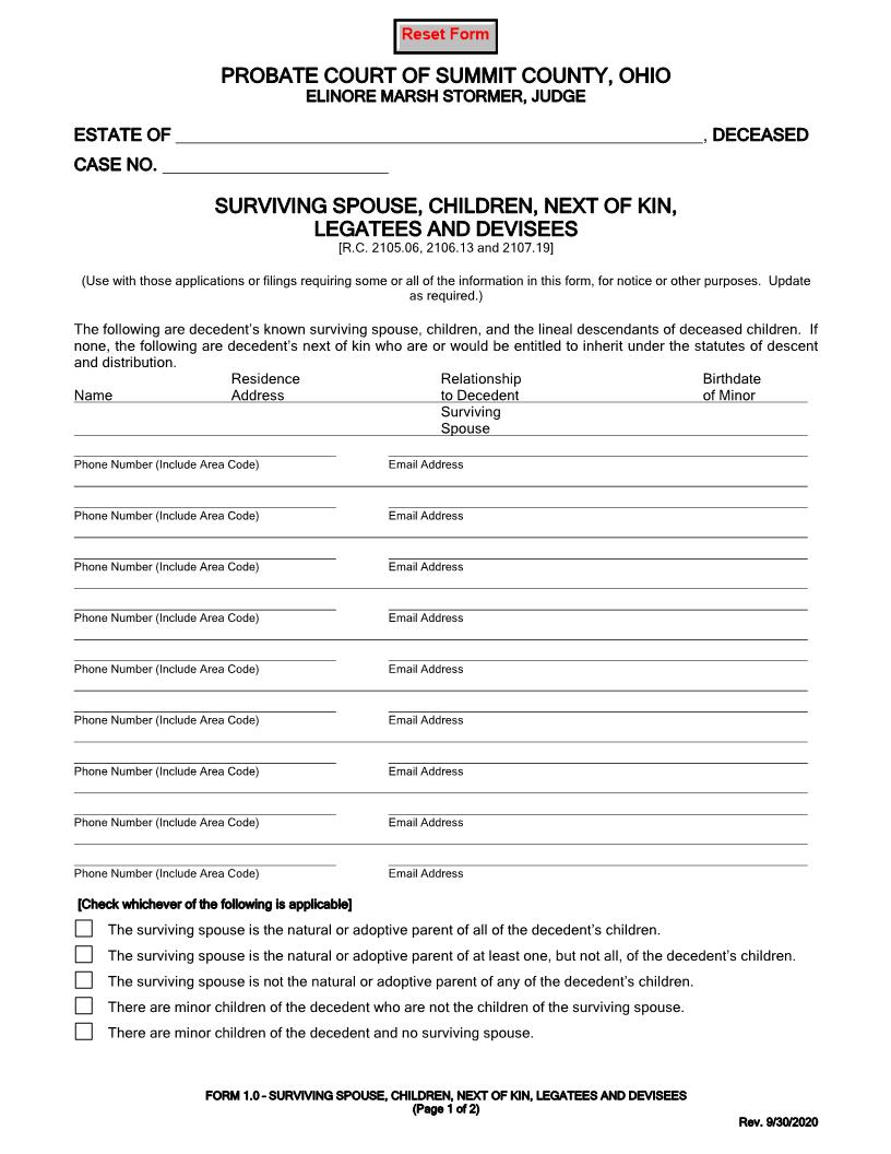 Surviving Spouse Children Next Of Kin Legatees And Devisees {1.0} | Pdf Fpdf Doc Docx | Ohio