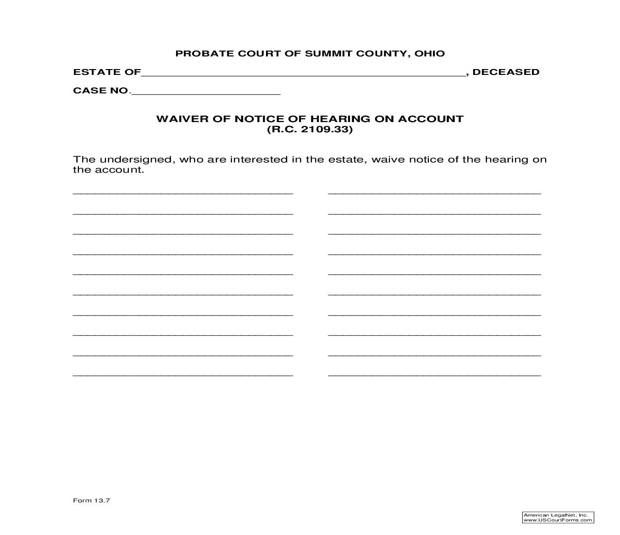 Waiver Of Notice Of Hearing On Account {13.7} | Pdf Fpdf Doc Docx | Ohio