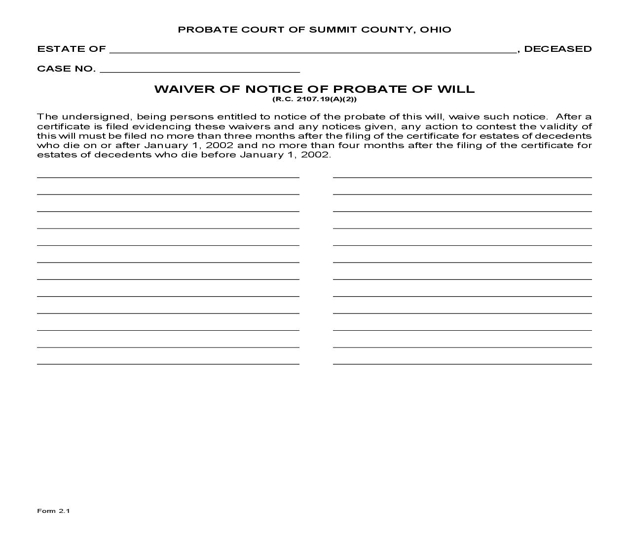 Waiver Of Notice Of Probate Of Will {2.1} | Pdf Fpdf Doc Docx | Ohio