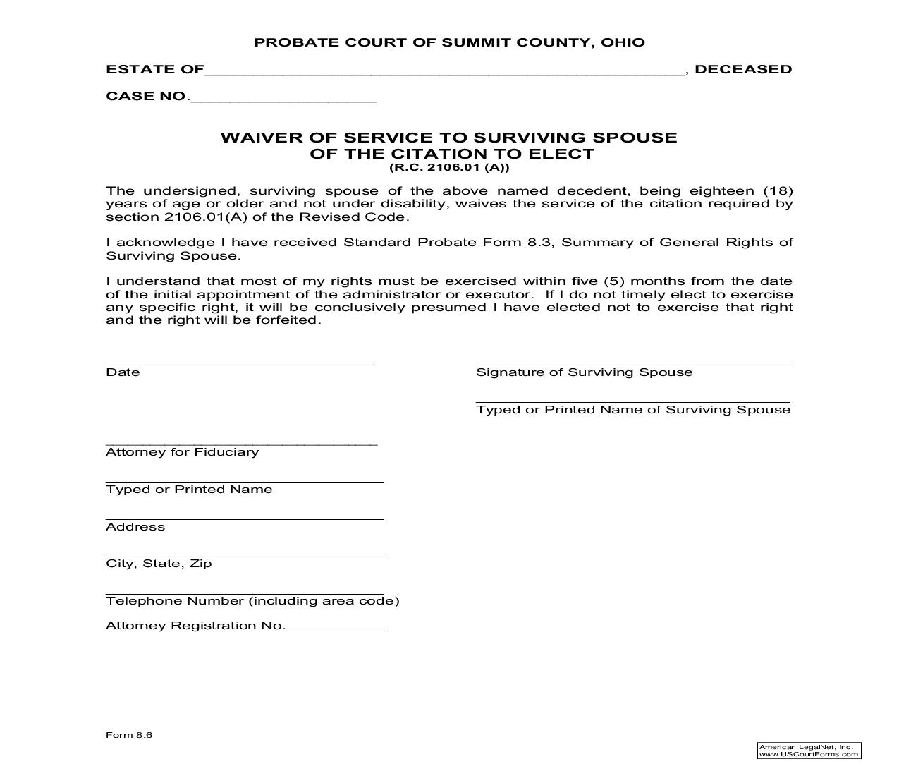 Waiver Of Service To Surviving Spouse Of The Citation To Elect (Summit) {8.6} | Pdf Fpdf Doc Docx | Ohio