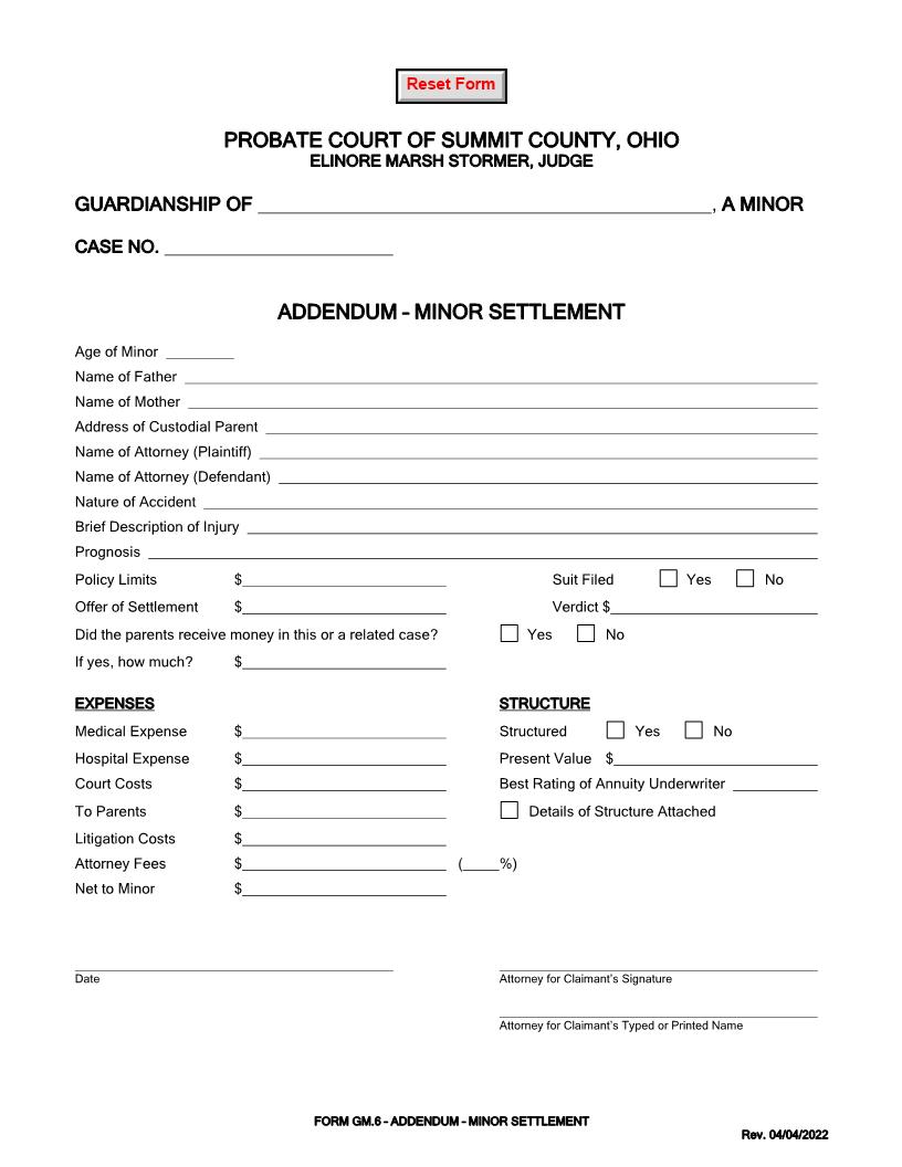 Addendum Minor Settlement {GM-6} | Pdf Fpdf Doc Docx | Ohio