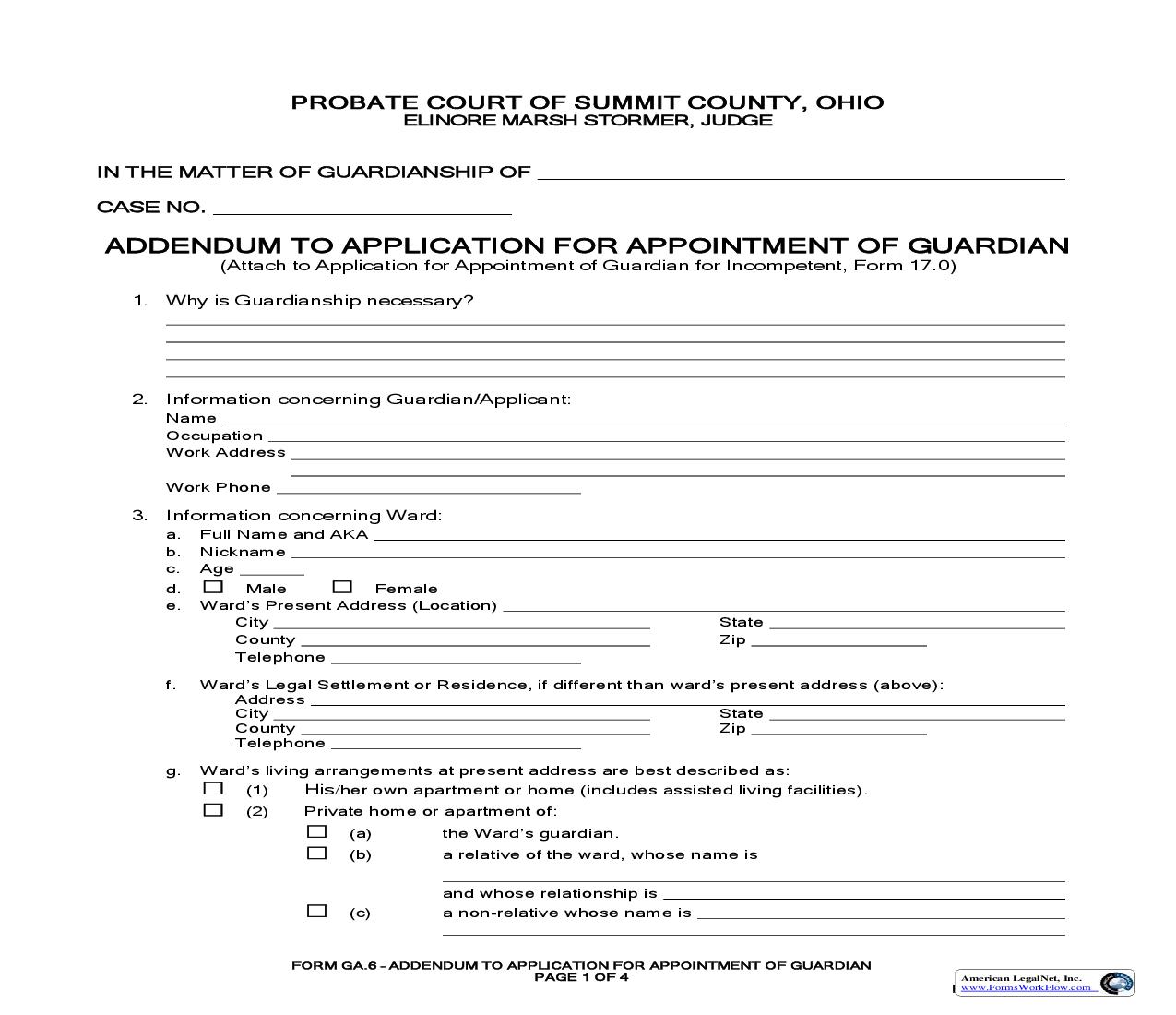 Addendum To Application For Appointment Of Guardian {GA-6} | Pdf Fpdf Doc Docx | Ohio