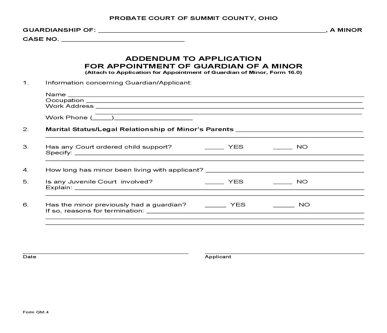Addendum To Application For Appointment Of Guardian Of A Minor {GM-4} | Pdf Fpdf Doc Docx | Ohio