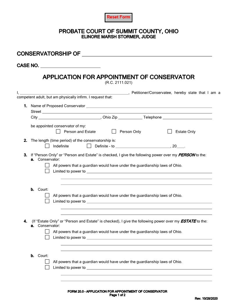 Application For Appointment Of Conservator {20.0} | Pdf Fpdf Doc Docx | Ohio