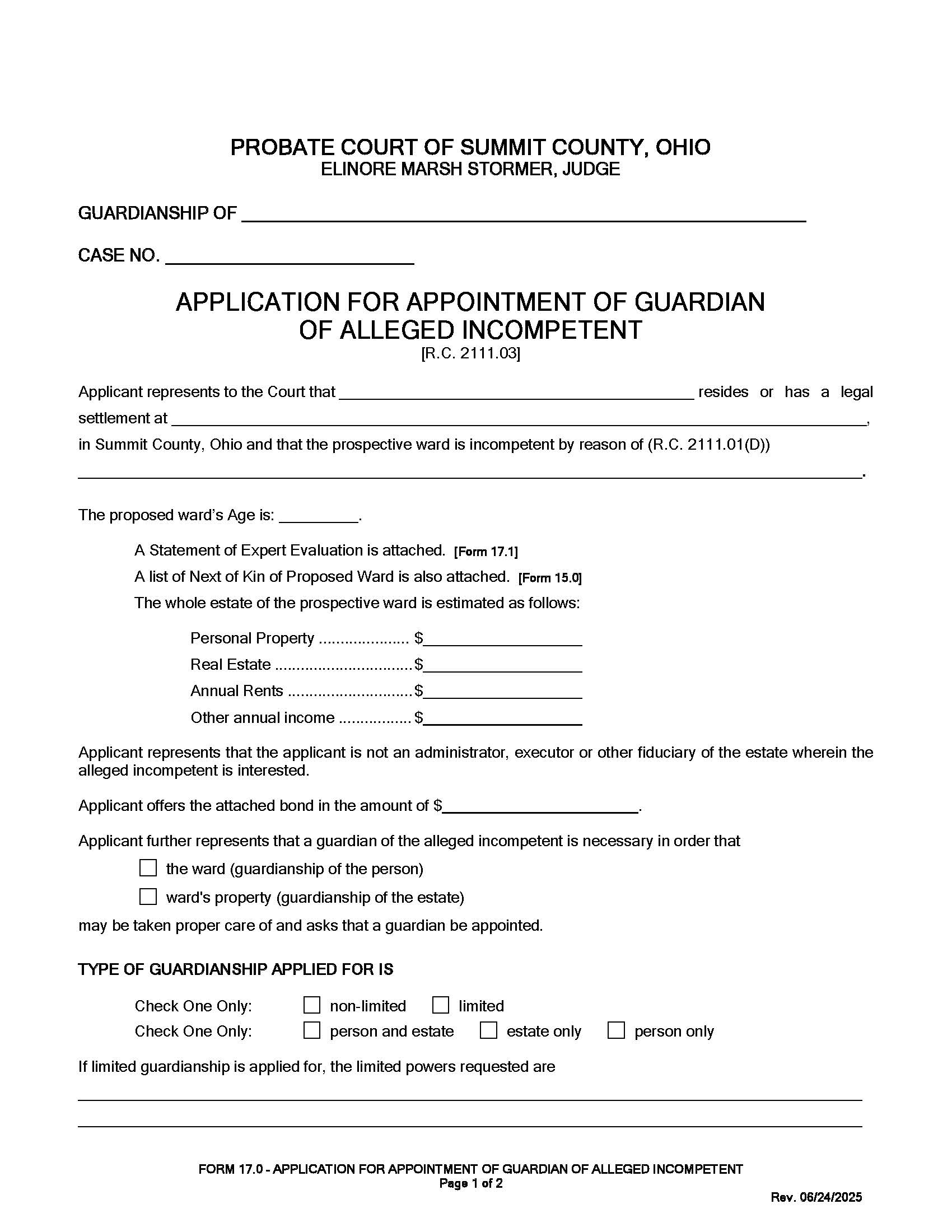 Application For Appointment Of Guardian Of An Alleged Incompetent {17.0} | Pdf Fpdf Doc Docx | Ohio