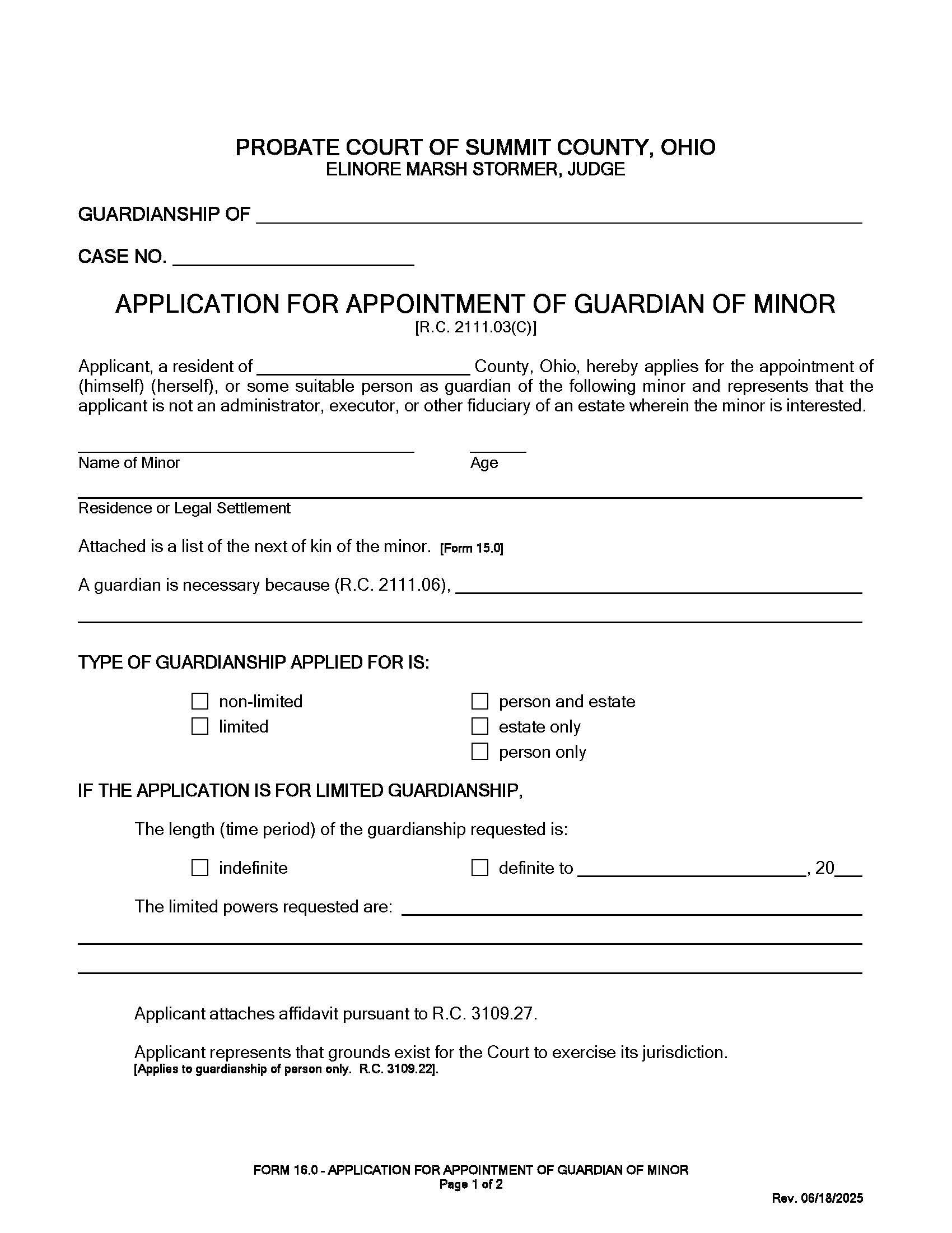 Application For Appointment Of Guardian Of Minor {16.0} | Pdf Fpdf Doc Docx | Ohio