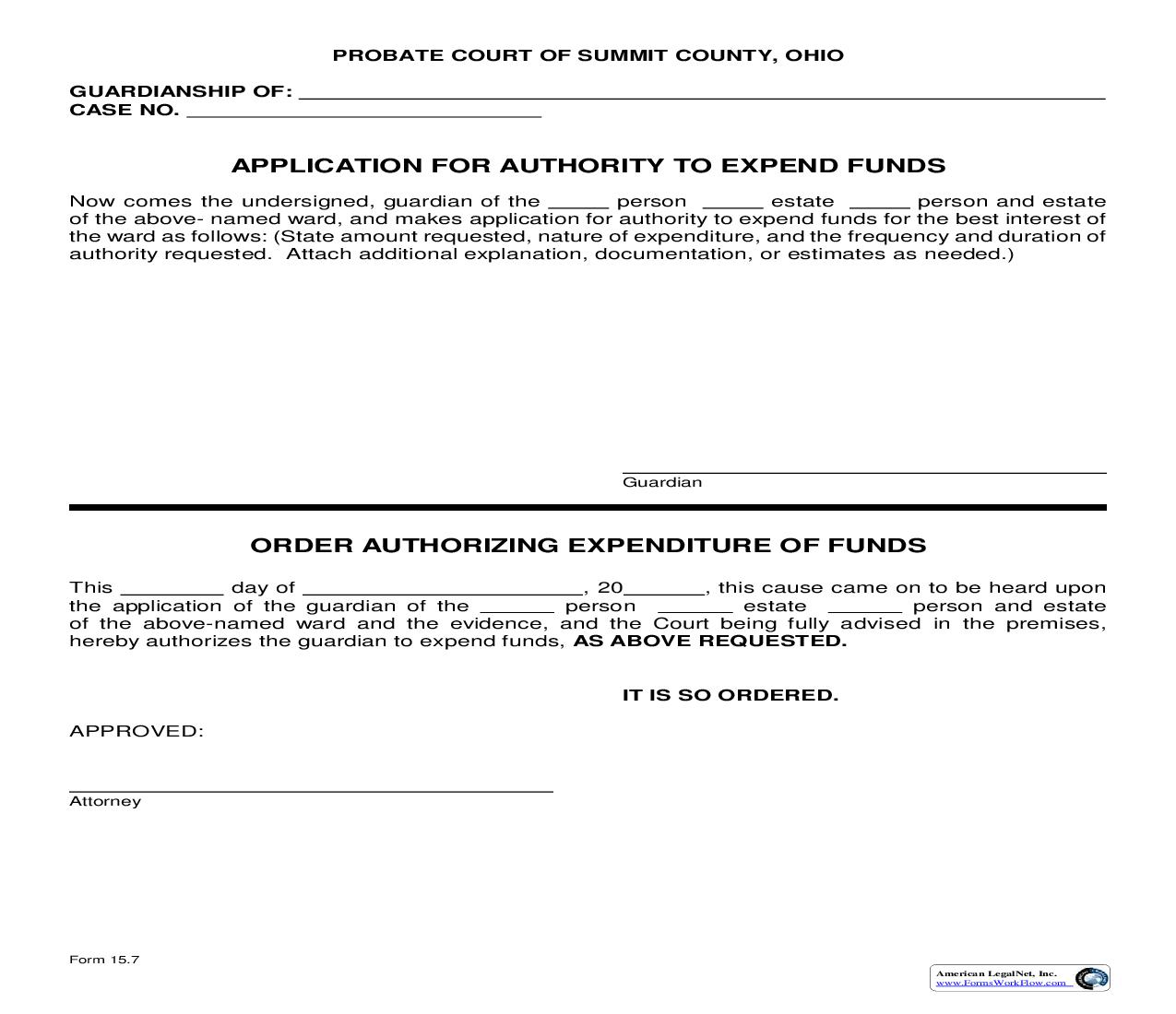 Application For Authority To Expend Funds {15.7} | Pdf Fpdf Doc Docx | Ohio