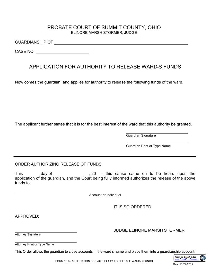 Application For Authority To Release Wards Funds {15.6} | Pdf Fpdf Docx | Ohio