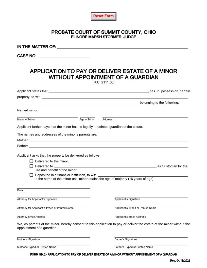 Application To Pay Or Deliver Estate Of A Minor Without Appointment Of A Guardian {GM-2} | Pdf Fpdf Doc Docx | Ohio