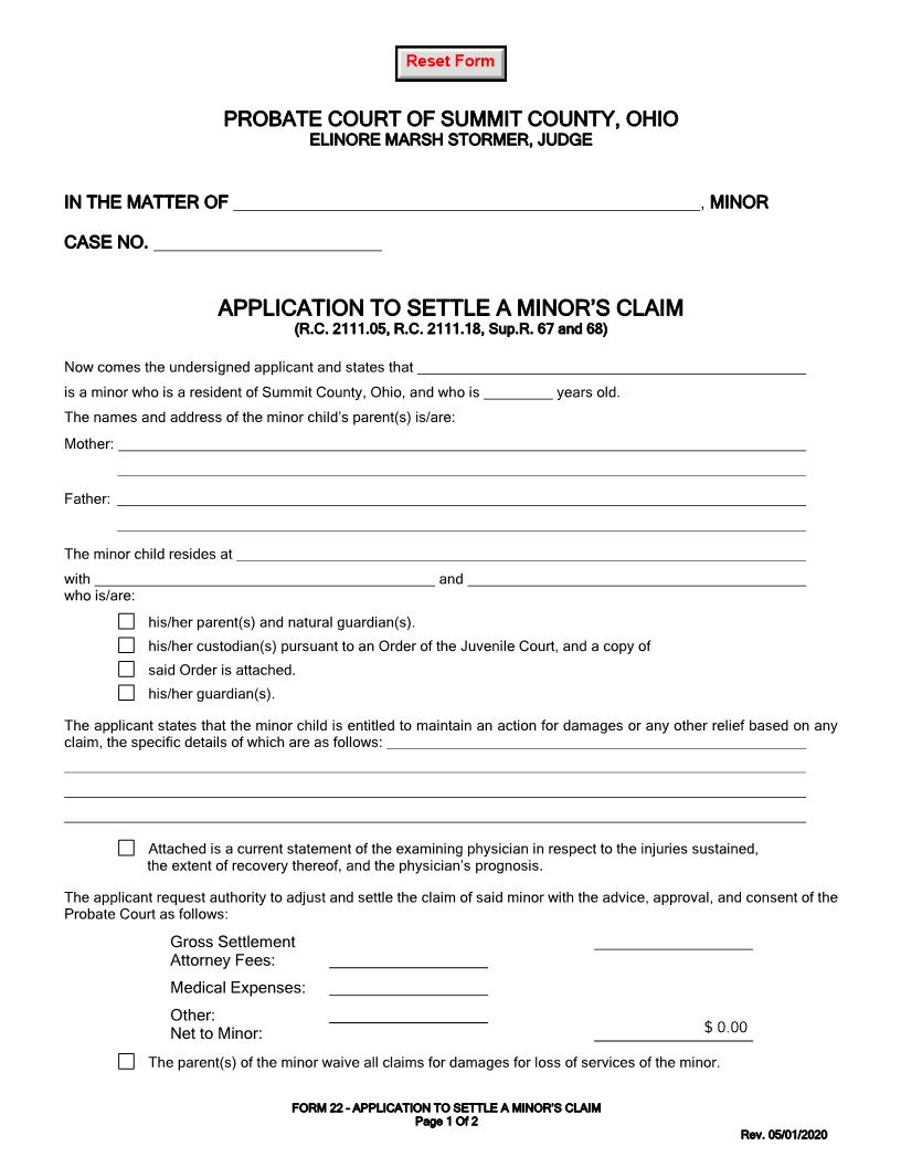 Application To Settle A Minors Claim {22.0} | Pdf Fpdf Doc Docx | Ohio