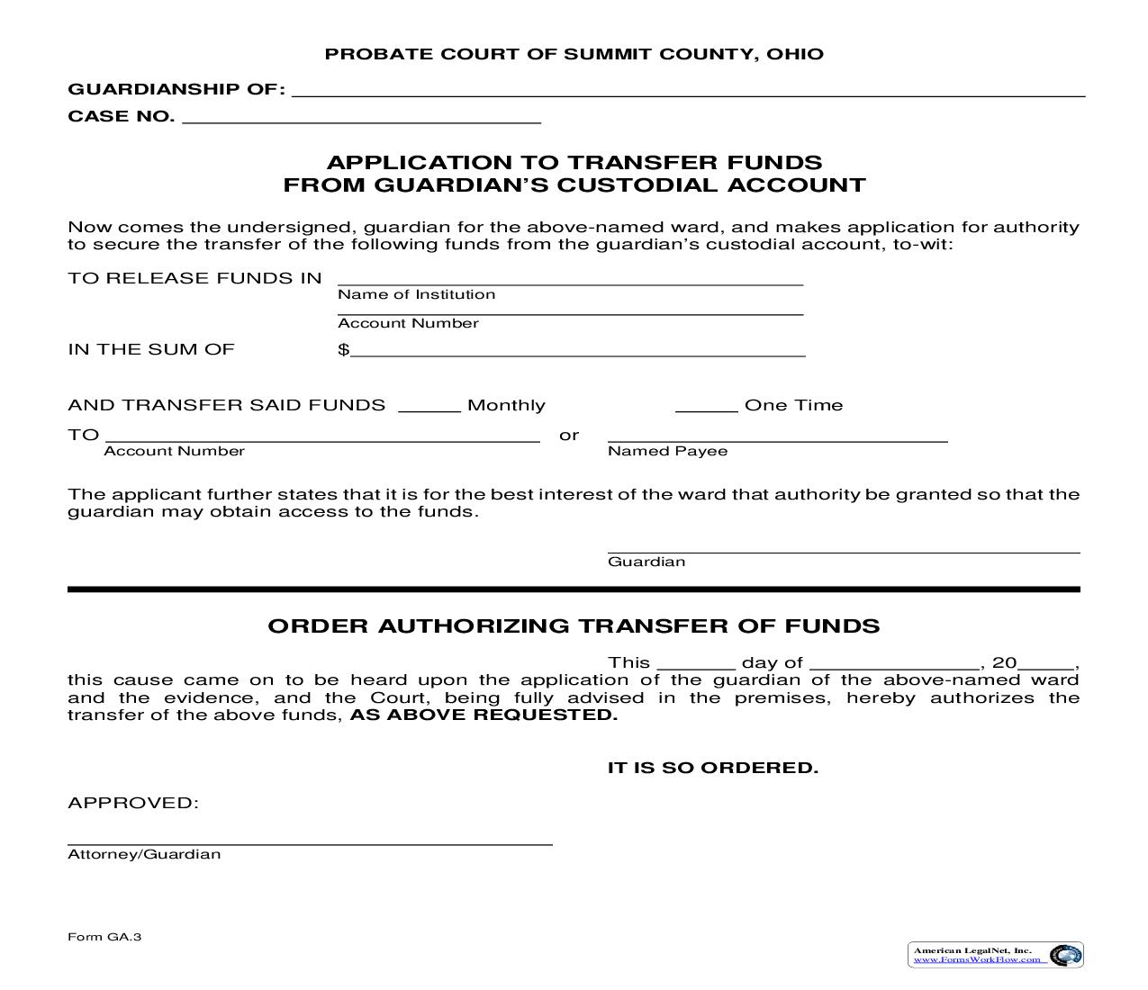 Application To Transfer Funds From Guardians Custodial Account {GA-3} | Pdf Fpdf Doc Docx | Ohio