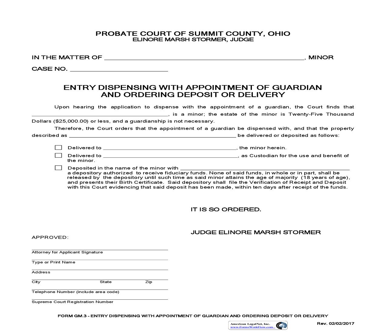 Entry Dispensing With Appointment Of Guardian And Ordering Deposit Or Delivery {GM-3} | Pdf Fpdf Doc Docx | Ohio