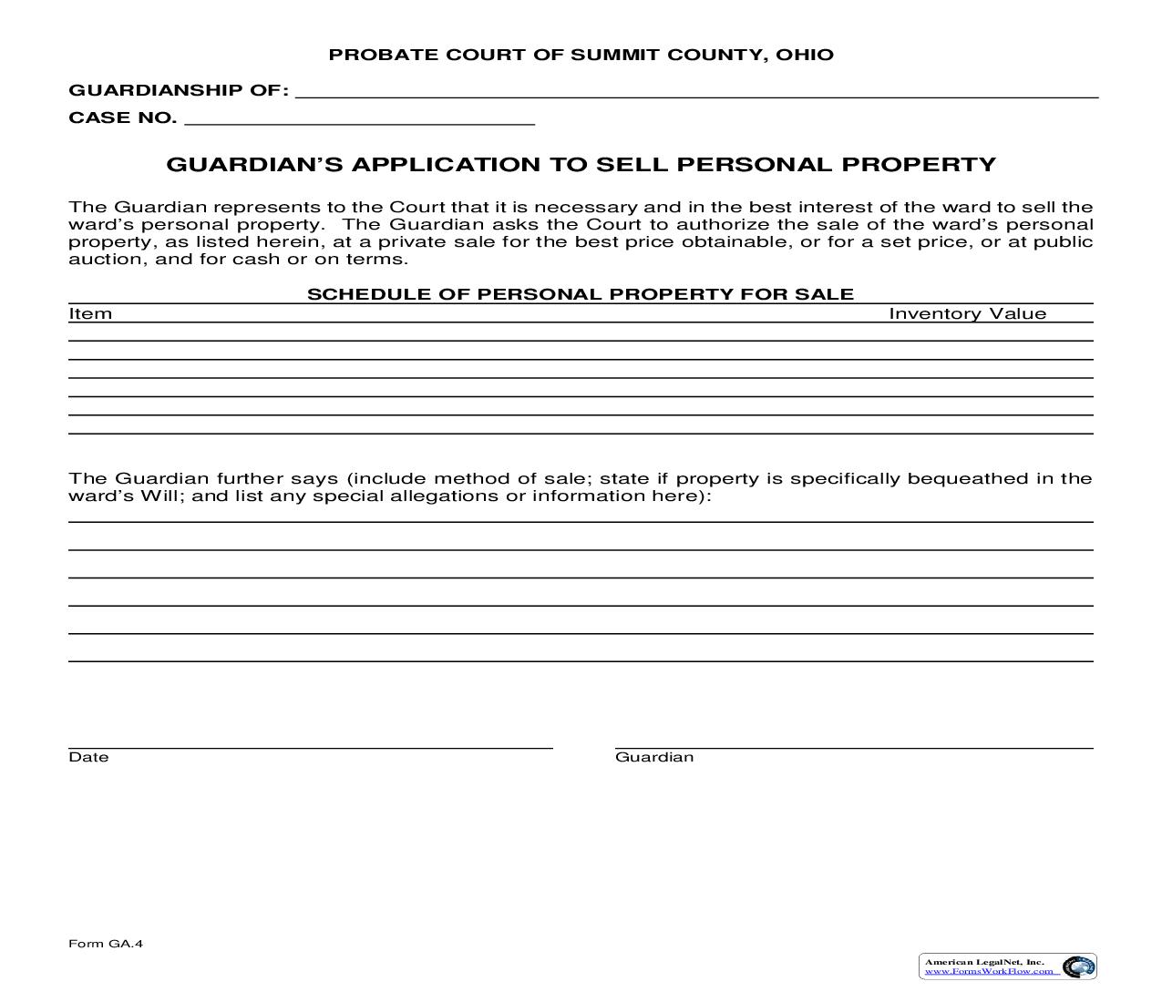Guardians Application To Sell Personal Property {GA-4} | Pdf Fpdf Doc Docx | Ohio