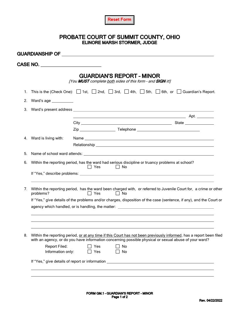 Guardians Report Minor {GM-1} | Pdf Fpdf Doc Docx | Ohio