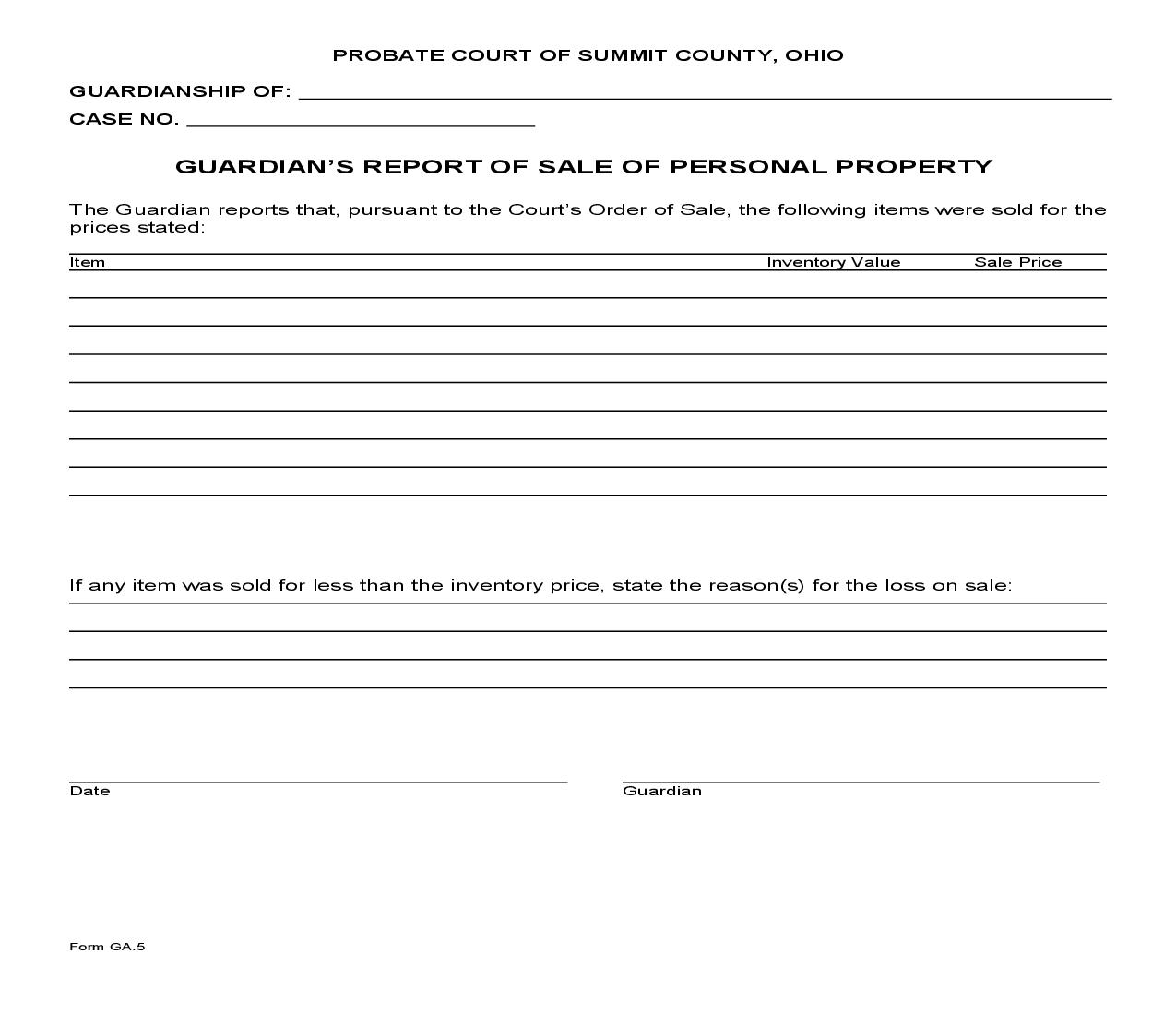 Guardians Report Of Sale Of Personal Property {GA-5} | Pdf Fpdf Doc Docx | Ohio