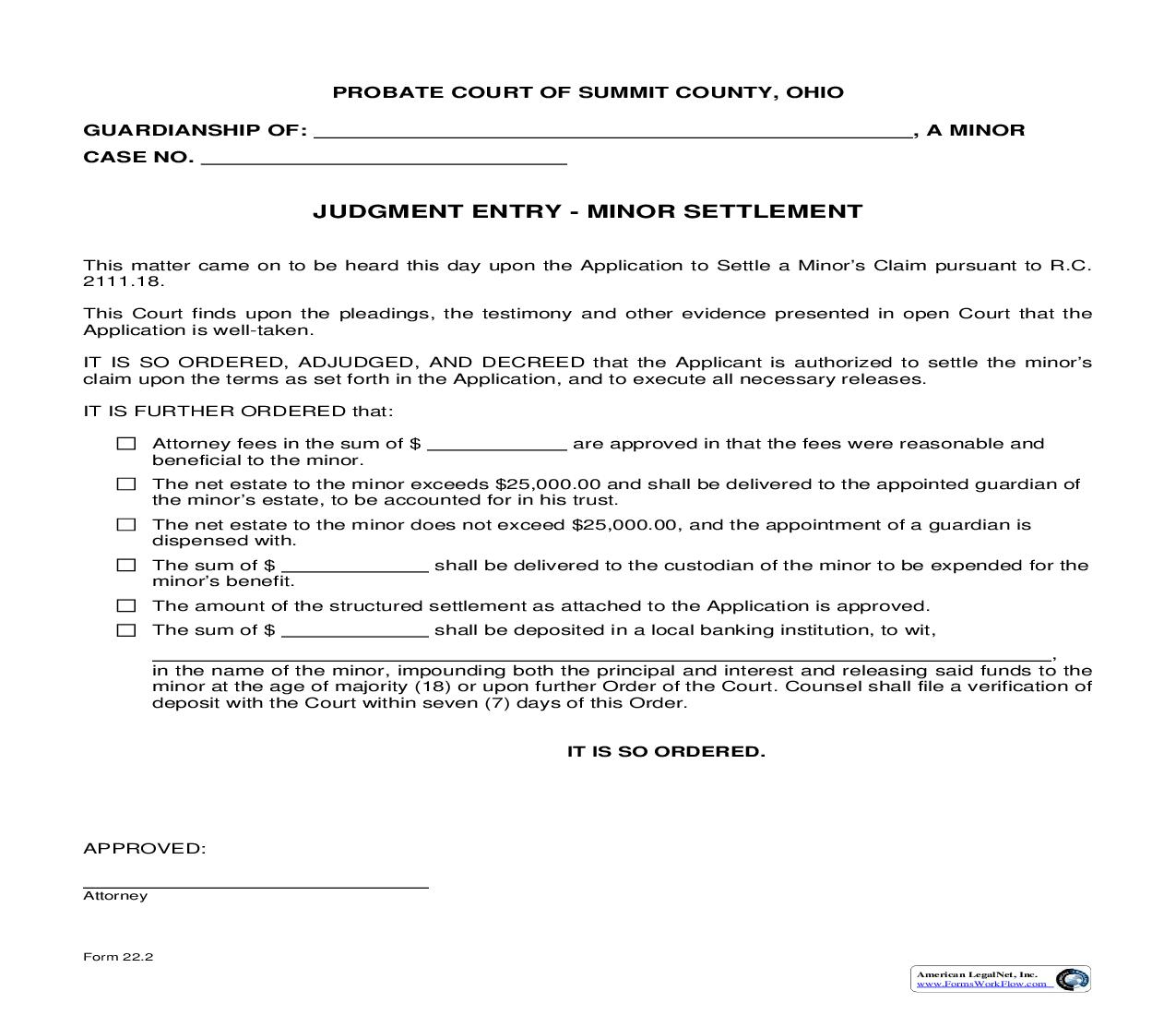 Judgment Entry Minor Settlement {22.2} | Pdf Fpdf Doc Docx | Ohio