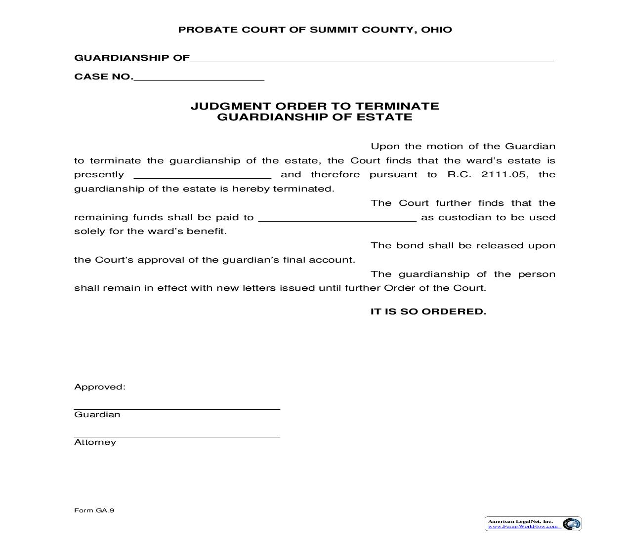 Judgment Order To Terminate Guardianship Of Estate {GA-9} | Pdf Fpdf Doc Docx | Ohio