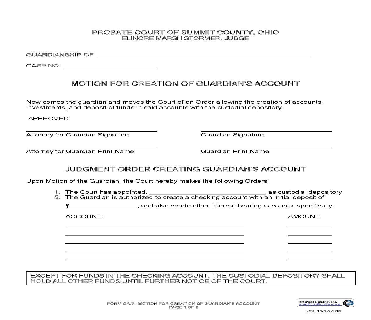Motion For Creation Of Guardians Account {GA-7} | Pdf Fpdf Doc Docx | Ohio