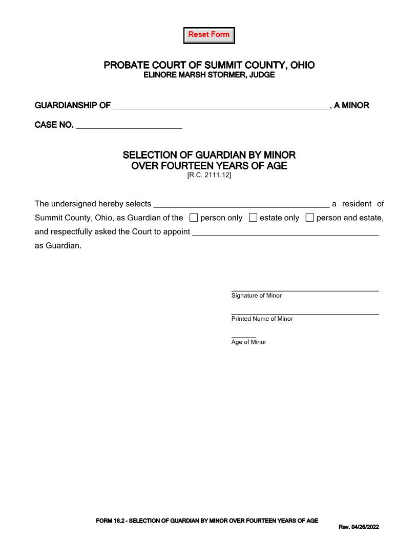 Selection Of Guardian By Minor Over Fourteen Years Of Age {16.2} | Pdf Fpdf Doc Docx | Ohio