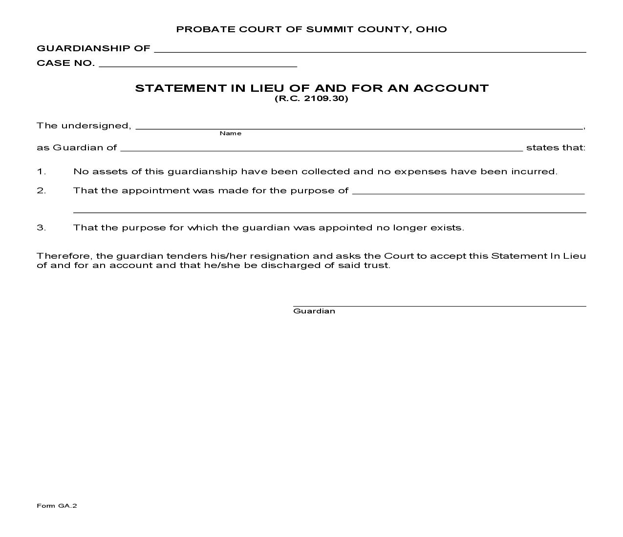 Statement In Lieu Of And For An Account {GA-2} | Pdf Fpdf Doc Docx | Ohio