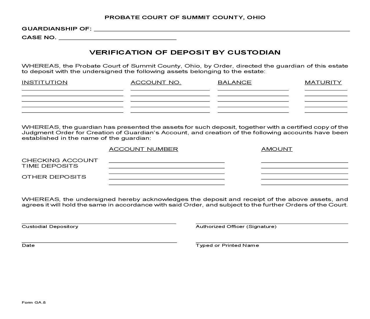 Verification Of Deposit By Custodian {GA-8} | Pdf Fpdf Doc Docx | Ohio