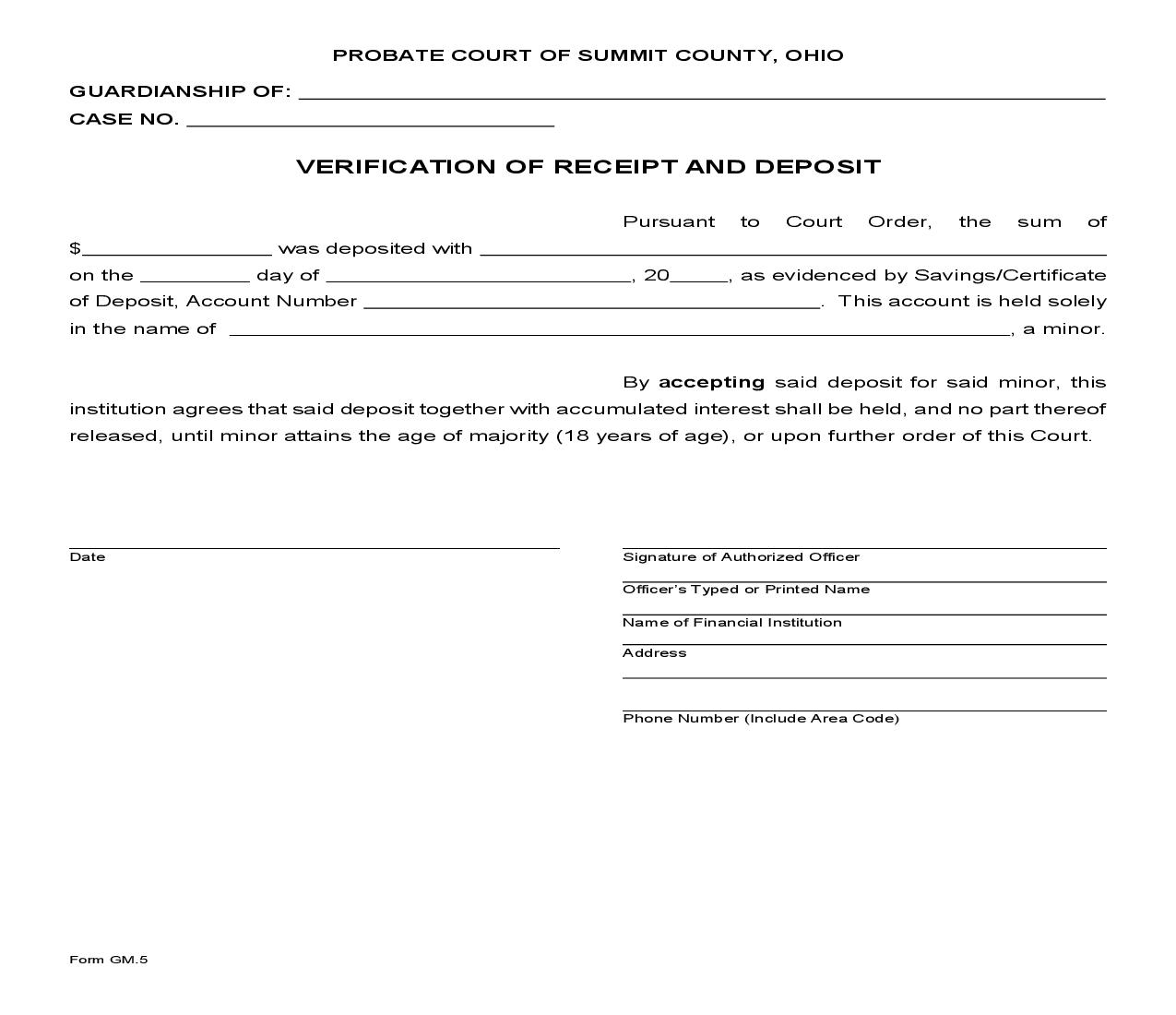 Verification Of Receipt And Deposit {GM-5} | Pdf Fpdf Doc Docx | Ohio