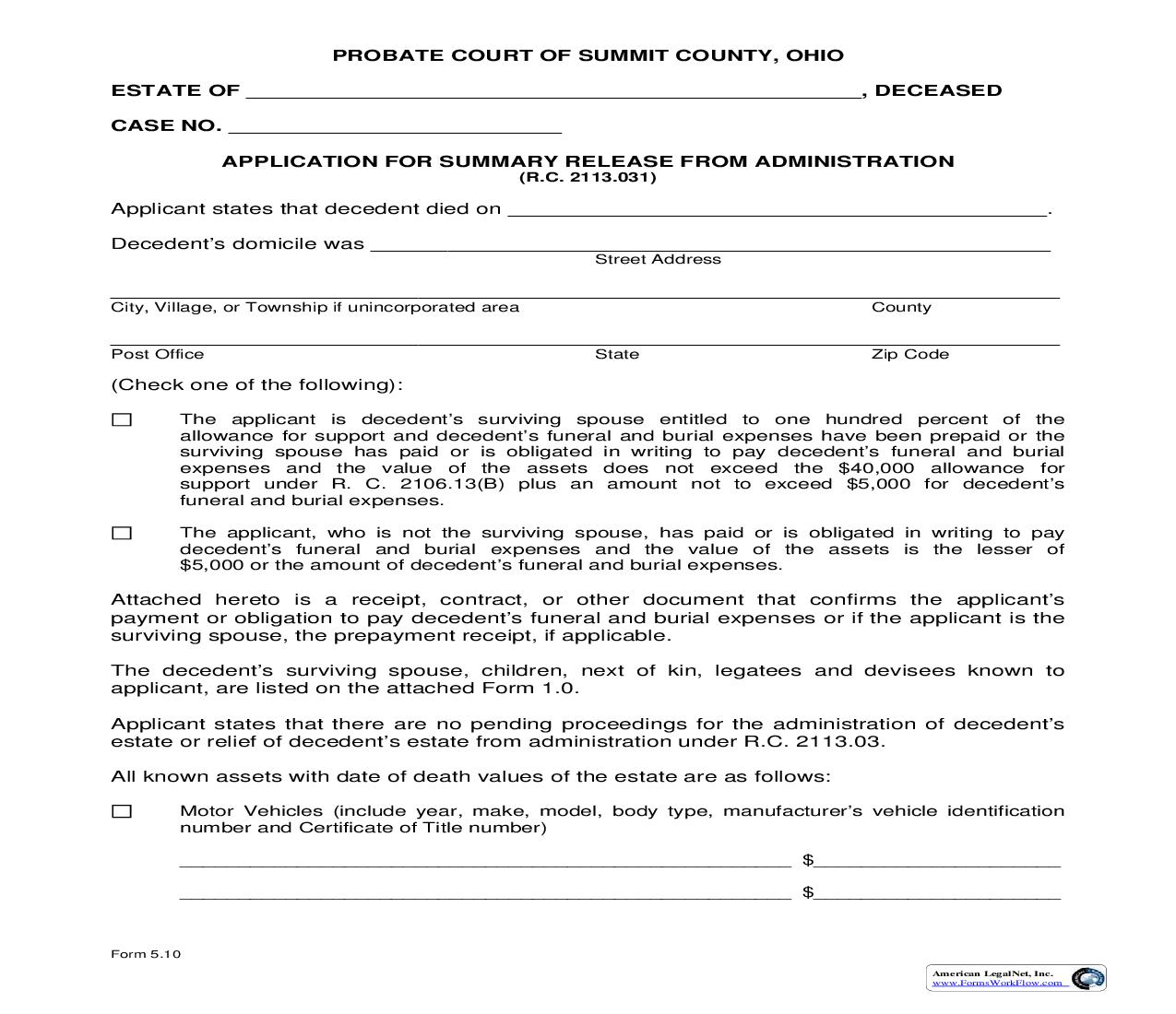 Application For Summary Realease From Administration {5.10} | Pdf Fpdf Doc Docx | Ohio