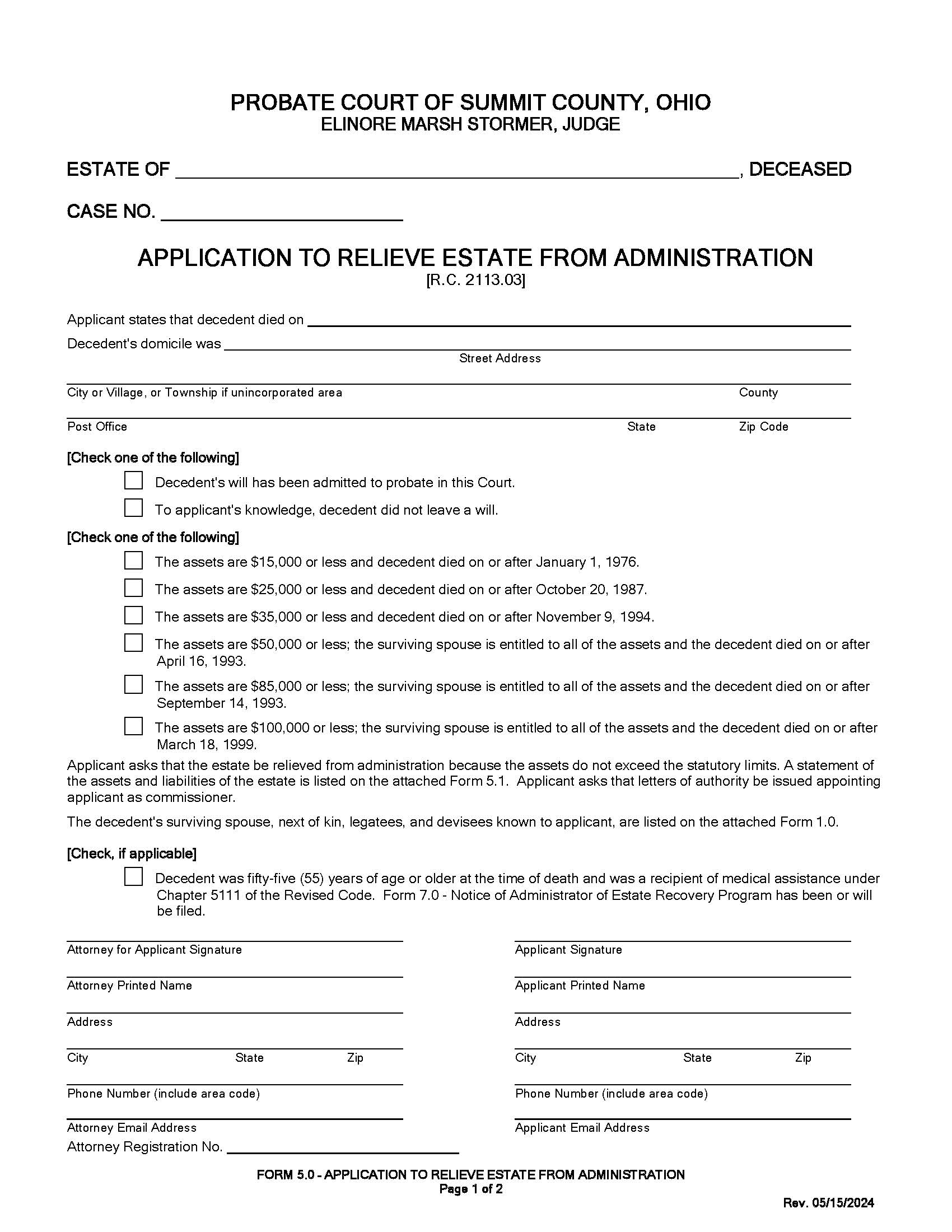 Application To Relieve Estate From Administration {5.0} | Pdf Fpdf Doc Docx | Ohio