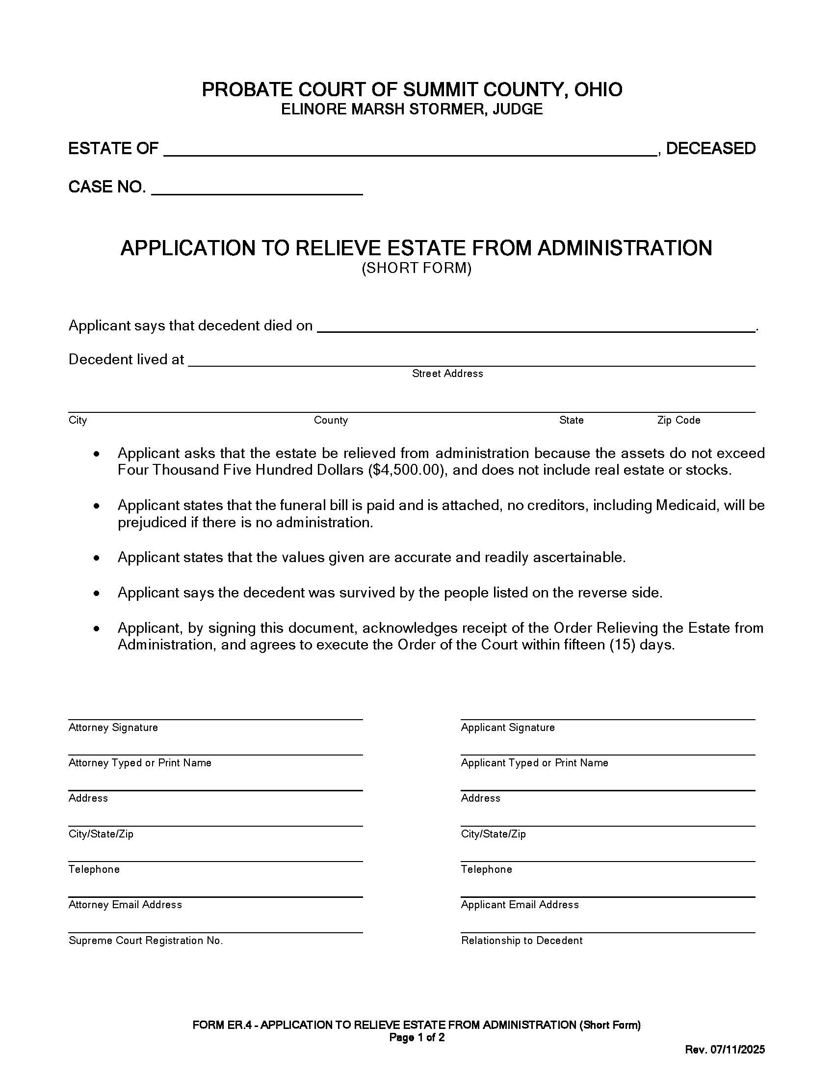 Application To Relieve Estate From Administration (Short Form) {ER-4} | Pdf Fpdf Doc Docx | Ohio
