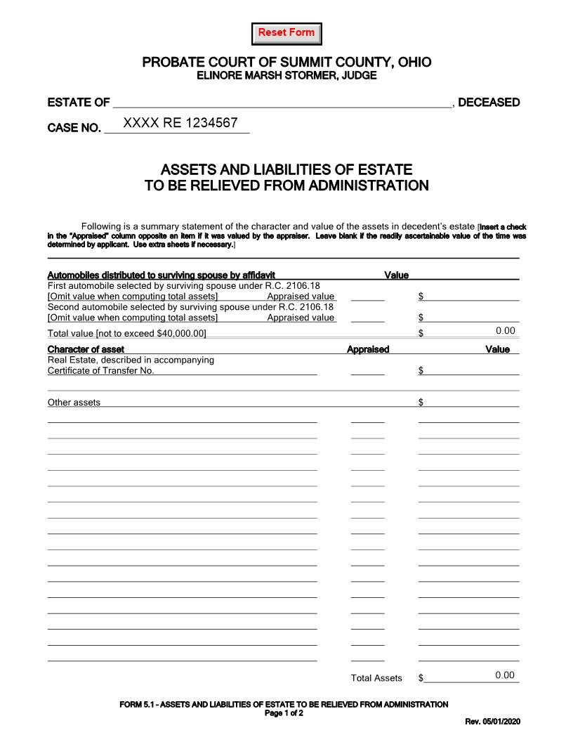 Assets And Liabilities Of Estate To Be Relieved From Administration {5.1} | Pdf Fpdf Doc Docx | Ohio