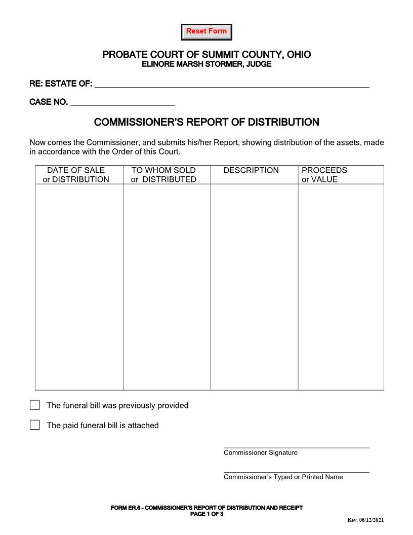 Commissioners Report Of Distribution {ER-6} | Pdf Fpdf Doc Docx | Ohio