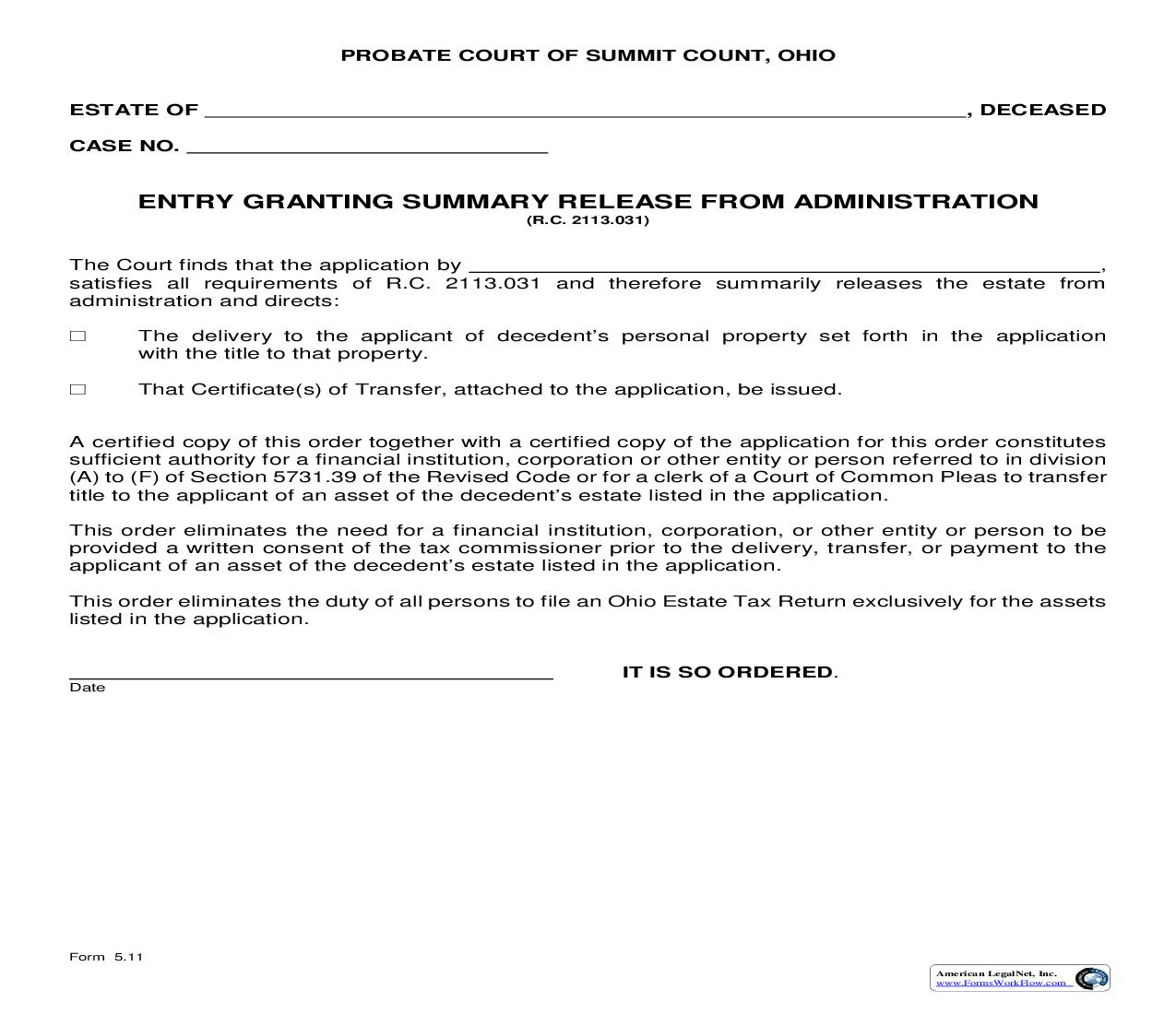 Entry Granting Summary Release From Administration {5.11} | Pdf Fpdf Doc Docx | Ohio