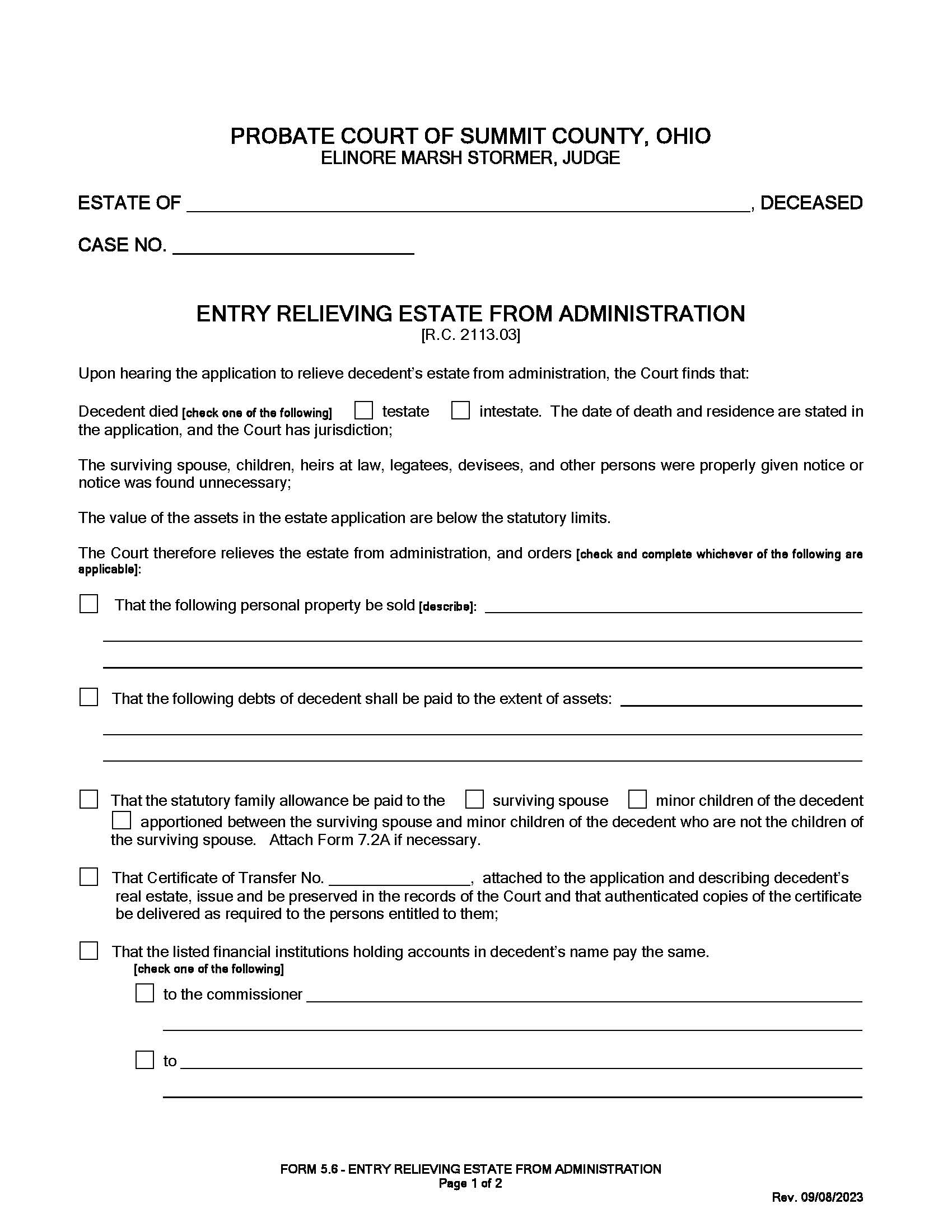 Entry Relieving Estate From Administration {5.6} | Pdf Fpdf Doc Docx | Ohio