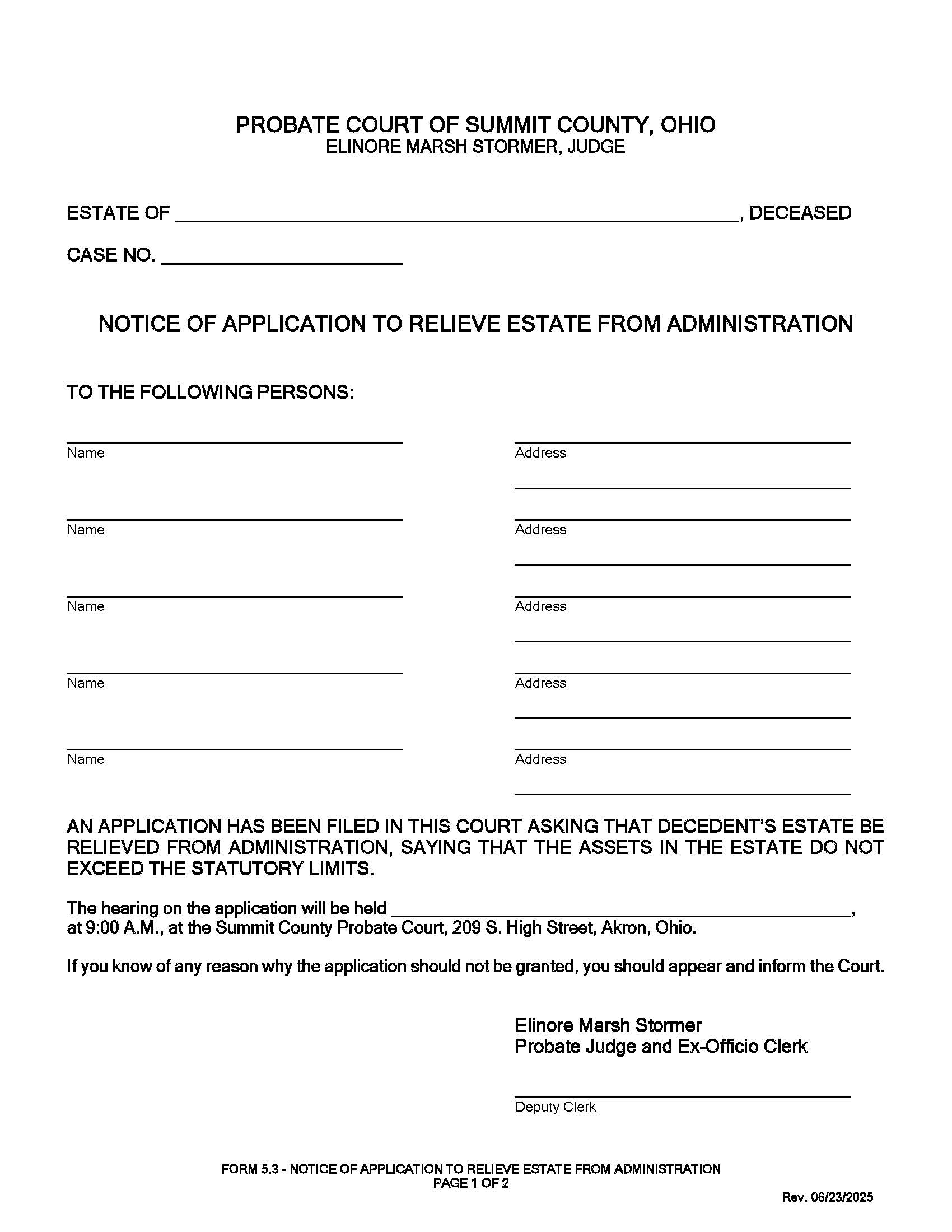 Notice Of Application To Relieve Estate From Administration {5.3} | Pdf Fpdf Doc Docx | Ohio