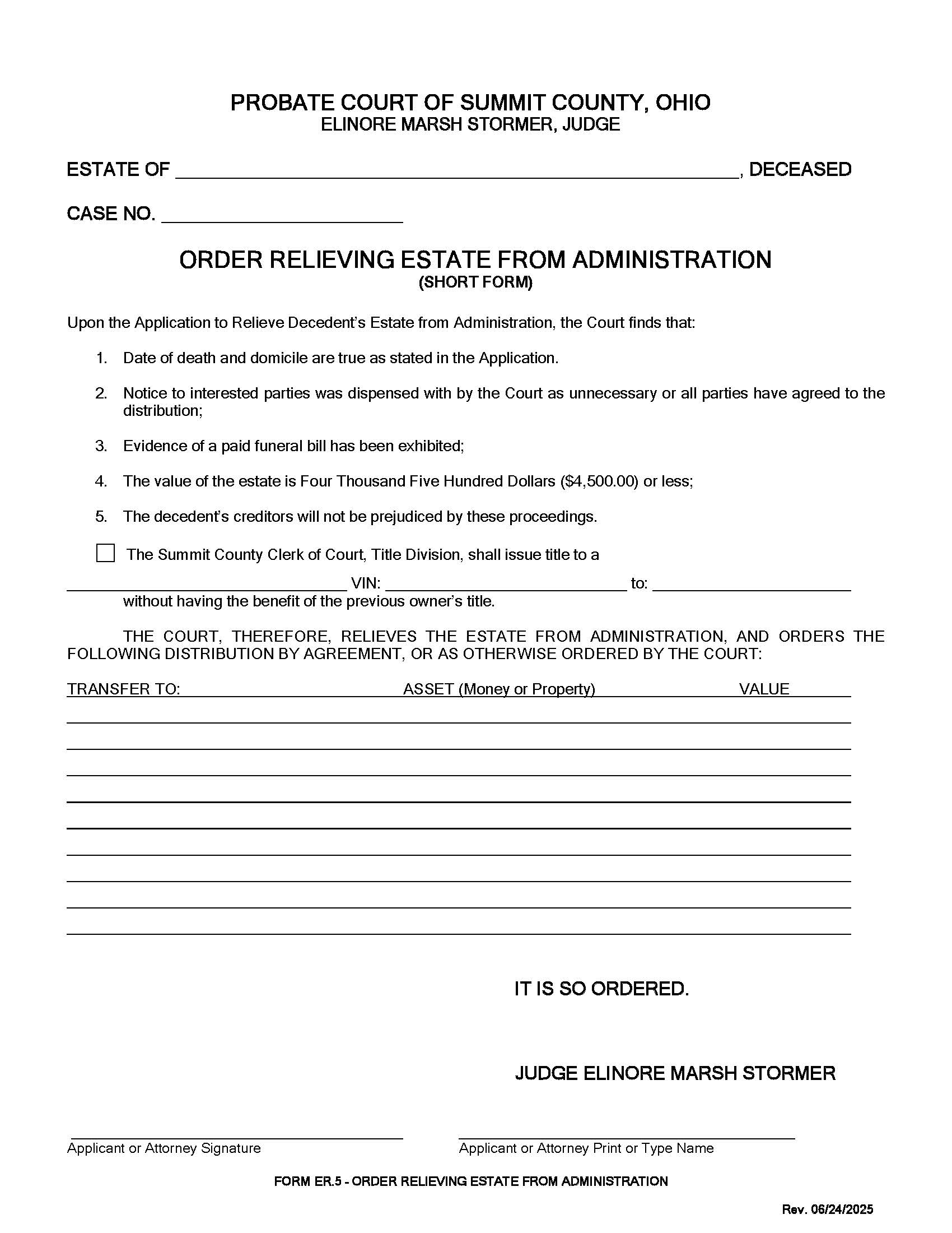 Order Relieving Estate From Administration (Short Form) {ER-5} | Pdf Fpdf Doc Docx | Ohio