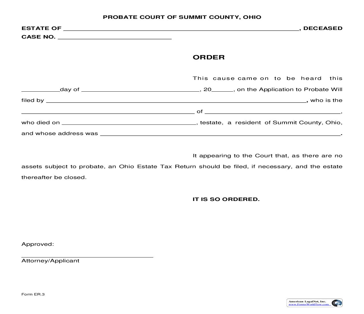 Order Will Probate Tax Only {ER-3} | Pdf Fpdf Doc Docx | Ohio