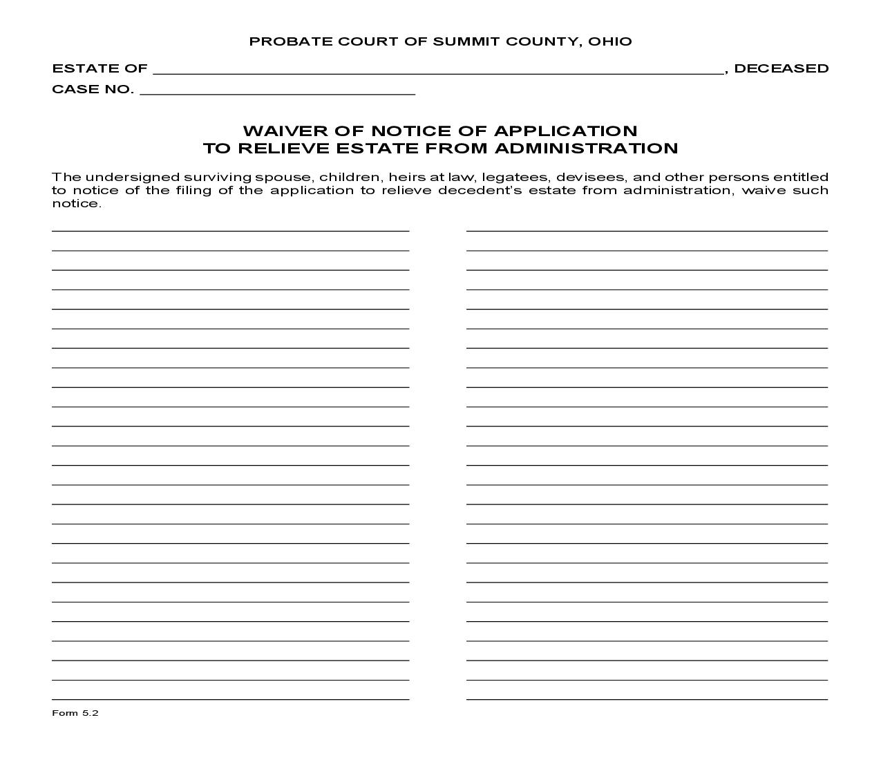Waiver Of Notice Of Application To Relieve Estate From Administration {5.2} | Pdf Fpdf Doc Docx | Ohio