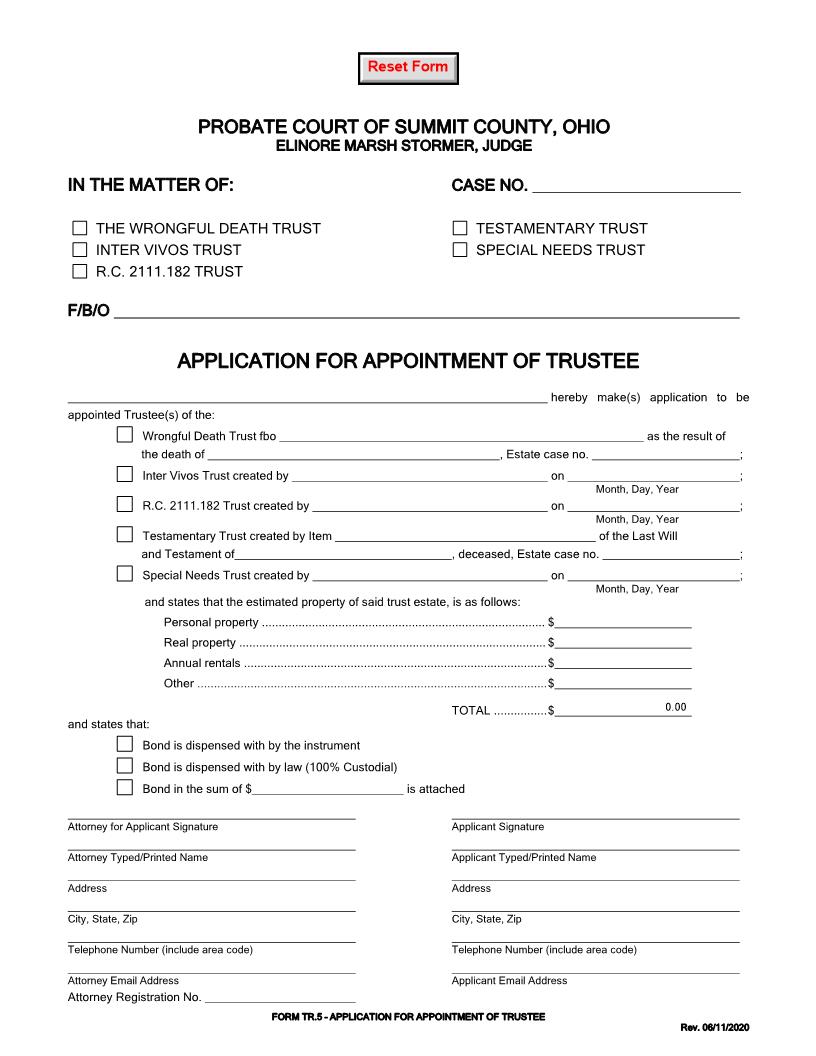Application For Appointment Of Trustee {TR-5} | Pdf Fpdf Doc Docx | Ohio