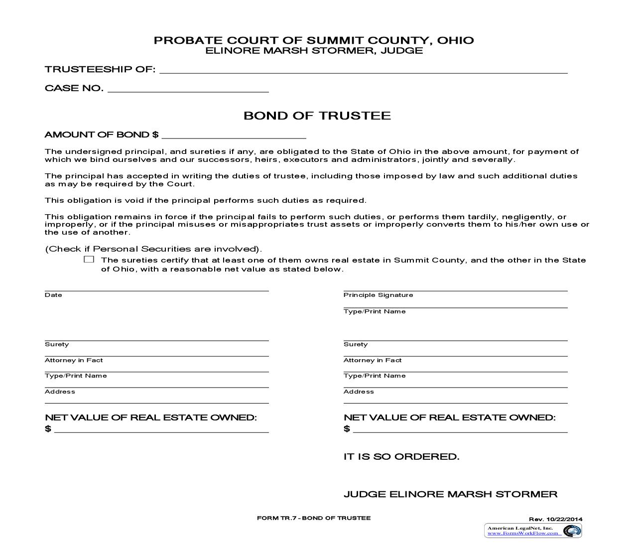 Bond Of Trustee {TR-7} | Pdf Fpdf Doc Docx | Ohio