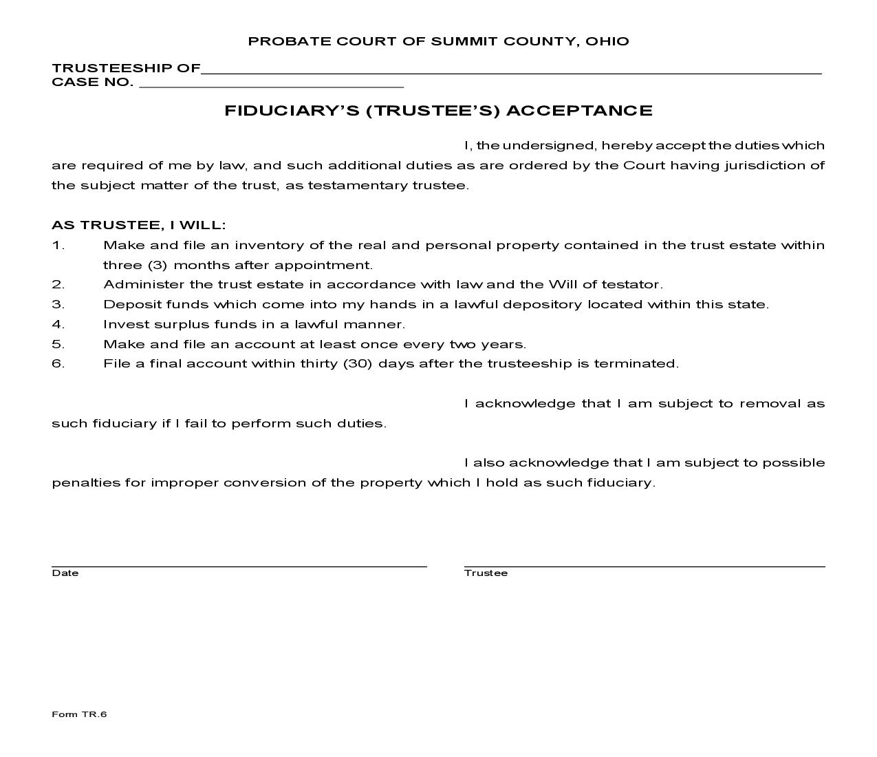 Fiduciarys Trustees Acceptance {TR-6} | Pdf Fpdf Doc Docx | Ohio