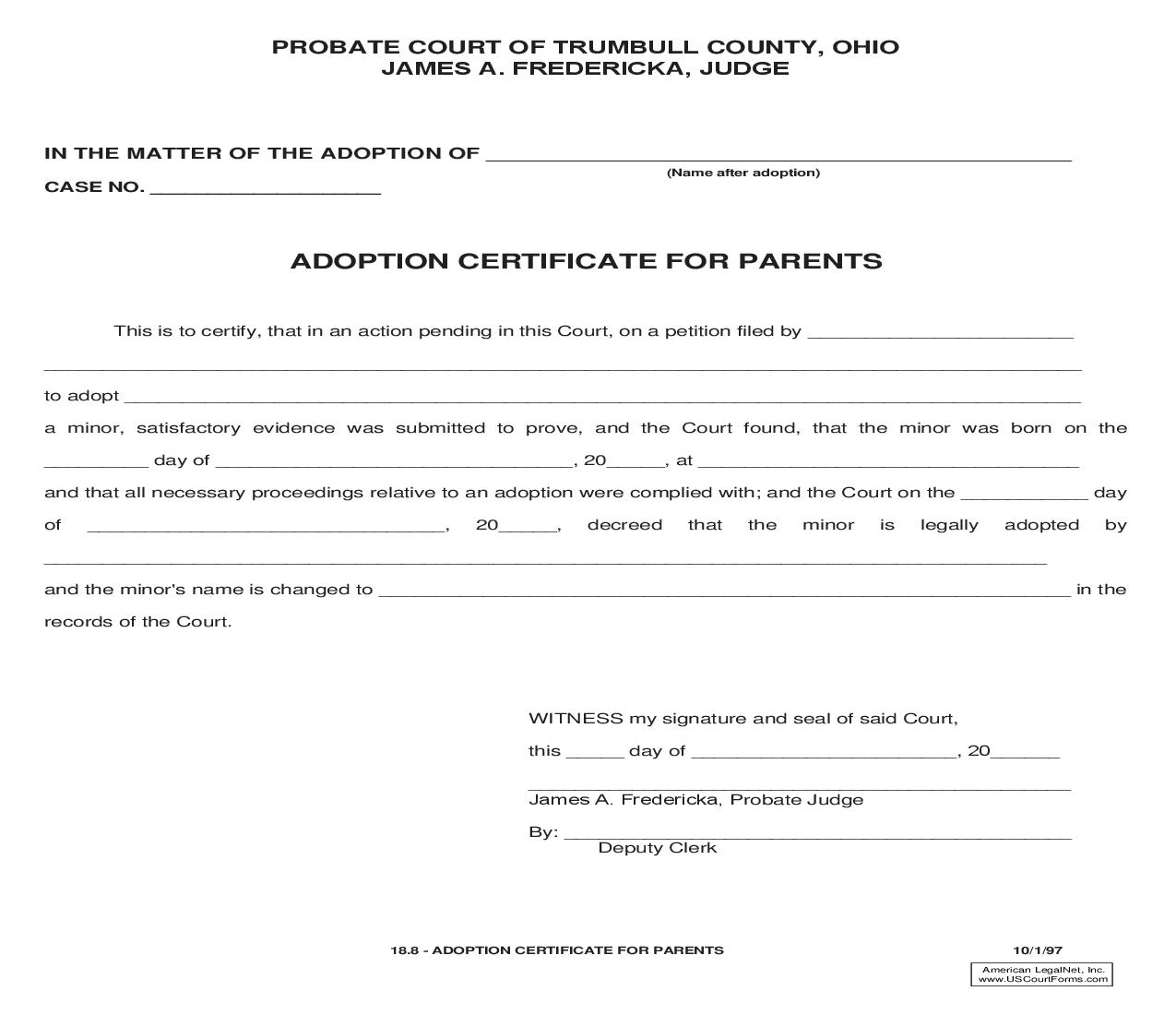 Adoption Certificate For Parents {18.8} | Pdf Fpdf Doc Docx | Ohio
