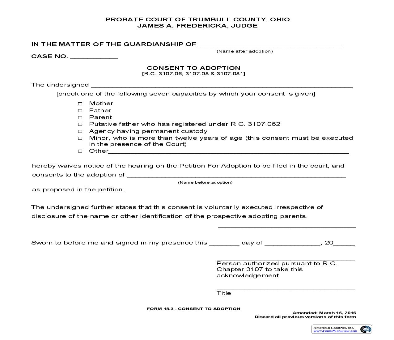 Consent To Adoption (Trumbull) {18.3} | Pdf Fpdf Doc Docx | Ohio