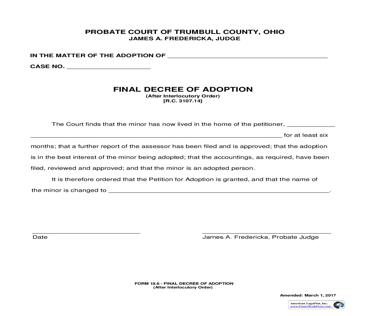 Final Decree Of Adoption After Interlocutory Order {18.6} | Pdf Fpdf Doc Docx | Ohio