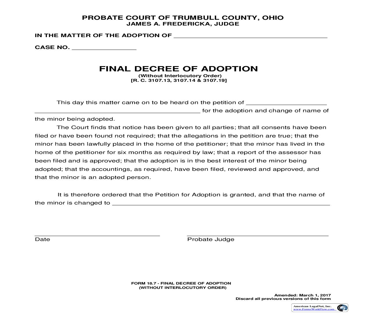 Final Decree Of Adoption Without Interlocutory Order {18.7} | Pdf Fpdf Doc Docx | Ohio