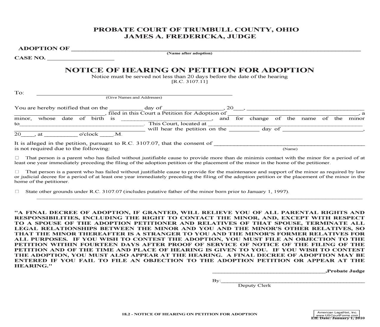 Notice Of Hearing On Petition For Adoption (Trumbull) {18.2} | Pdf Fpdf Doc Docx | Ohio