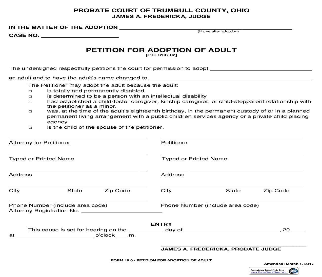 Petition For Adoption Of Adult {19.0} | Pdf Fpdf Doc Docx | Ohio