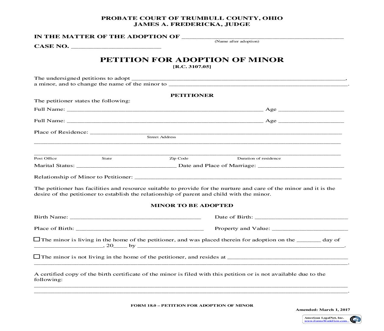 Petition For Adoption Of Minor (Trumbull) {18.0} | Pdf Fpdf Doc Docx | Ohio