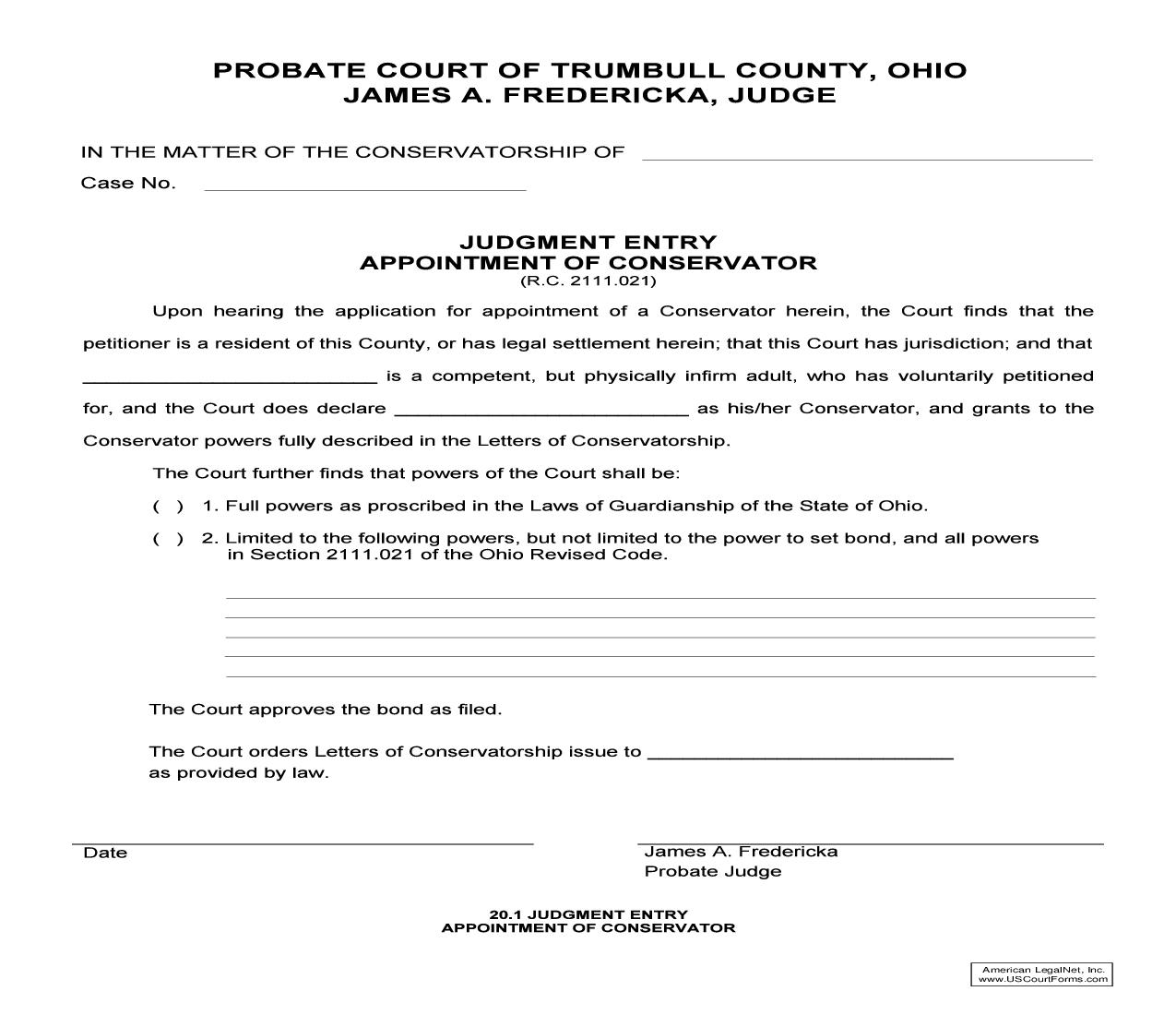 Judgment Entry Appointment Of Conservator {20.1} | Pdf Fpdf Doc Docx | Ohio