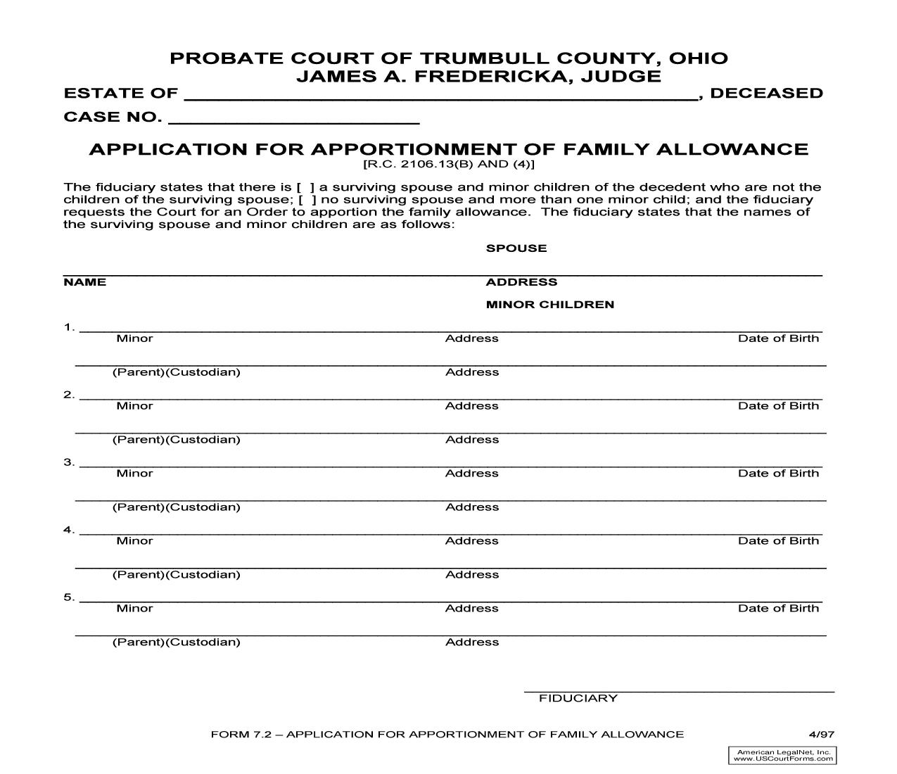 Application For Apportionment Of Family Allowance (Trumbull) {7.2} | Pdf Fpdf Doc Docx | Ohio
