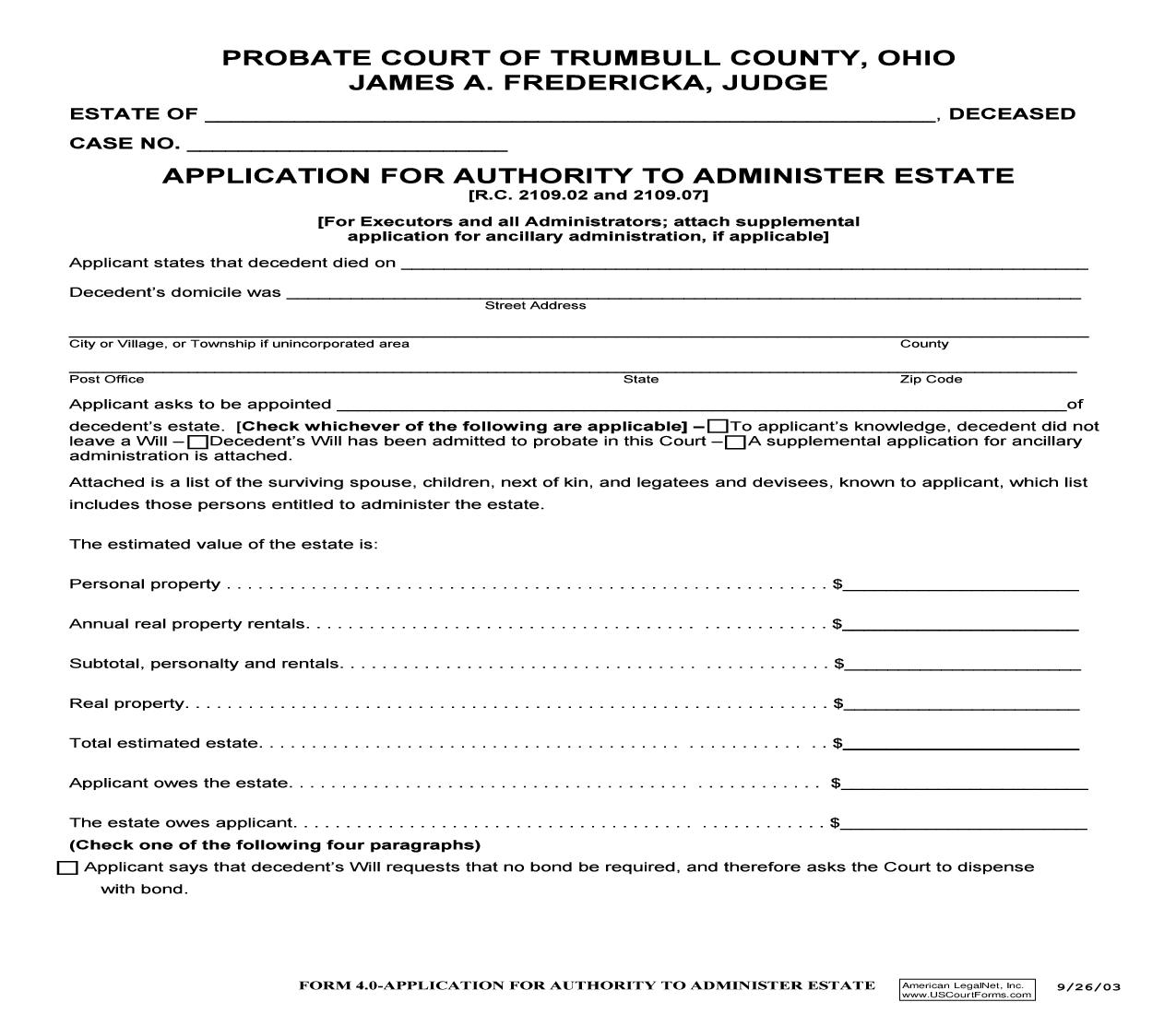 Application For Authority To Administer Estate {4.0} | Pdf Fpdf Doc Docx | Ohio